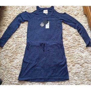 CHASOR Cold Shoulder Dress Drawstring Waist Pockets Blue Velvet XS‎ NWT